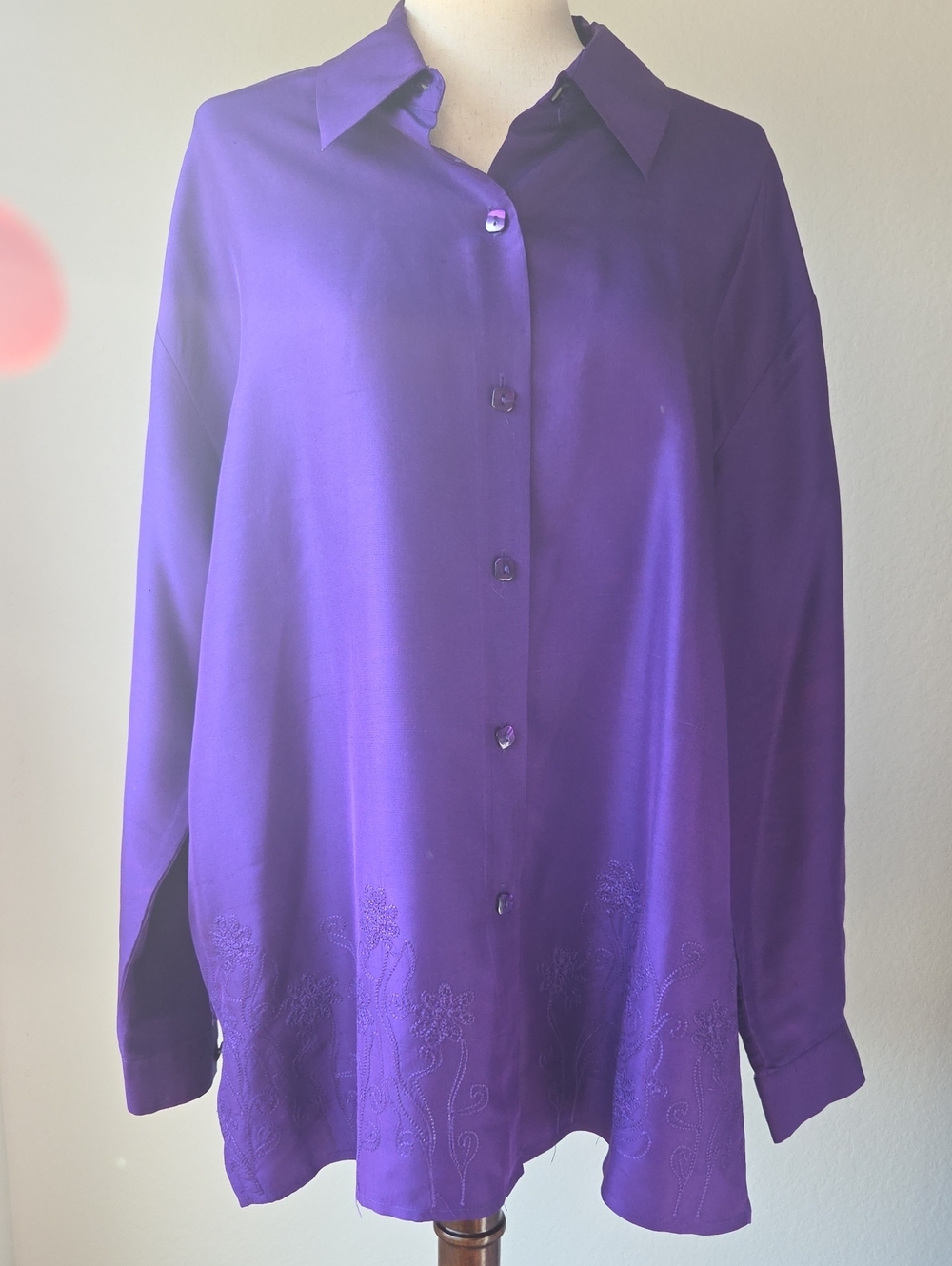 Vintage 100% Silk Clio Violet Purple Button Blouse Shirt Top Oversized Relaxed